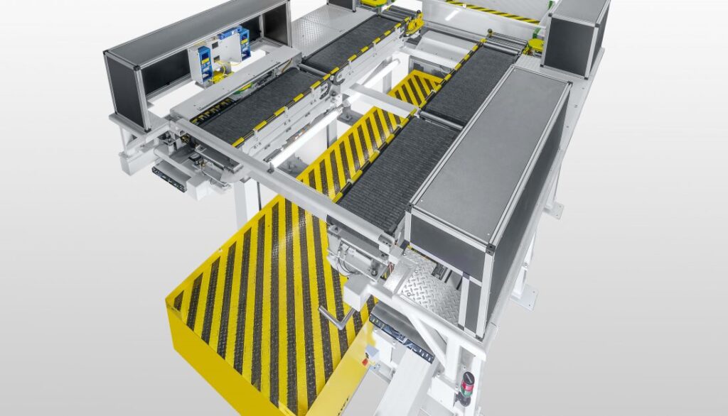 A machine with a yellow stripe on it.