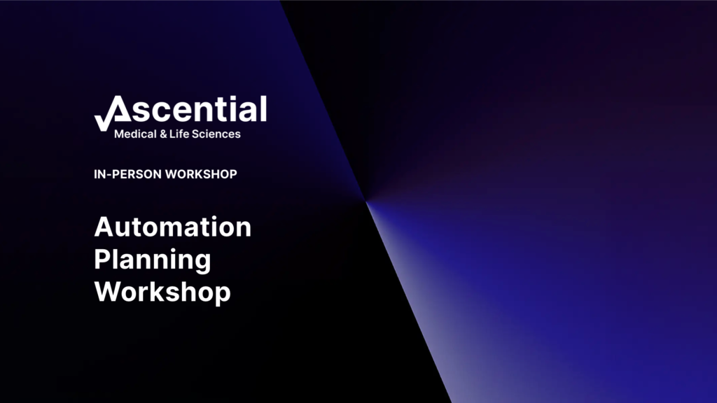 Advertisement for an in-person workshop titled "Automation Planning Workshop" by Ascential Medical & Life Sciences, featuring a dark gradient background.