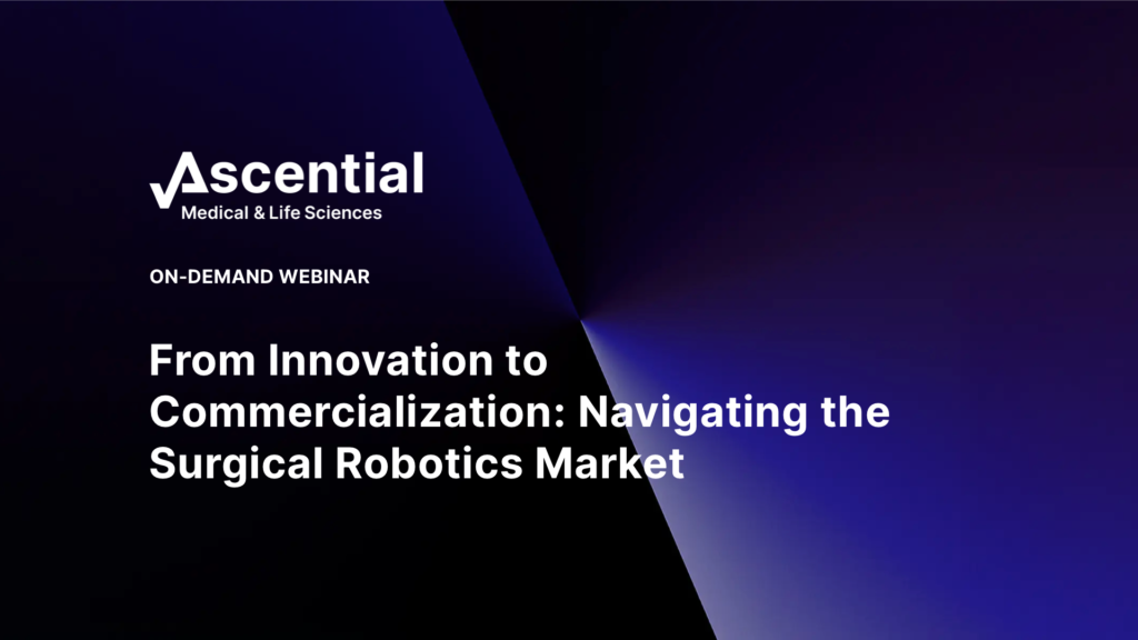 Promotional graphic for an on-demand webinar by Ascential Medical & Life Sciences titled "From Innovation to Commercialization: Navigating the Surgical Robotics Market.