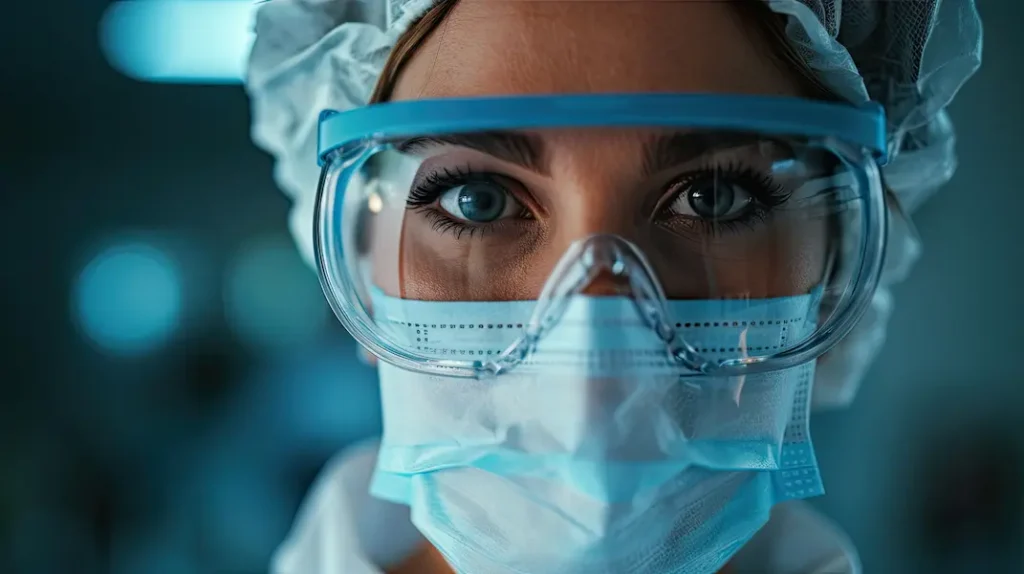 Close-up of a person wearing protective goggles, a disposable medical mask, and a hairnet. The background is blurred, emphasizing the safety gear.