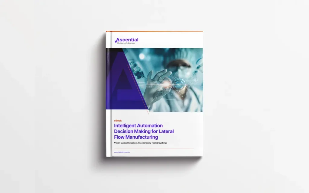 A book titled "Intelligent Automation Decision Making for Lateral Flow Manufacturing" by Ascential, featuring an image of a scientist working in a lab on the cover.