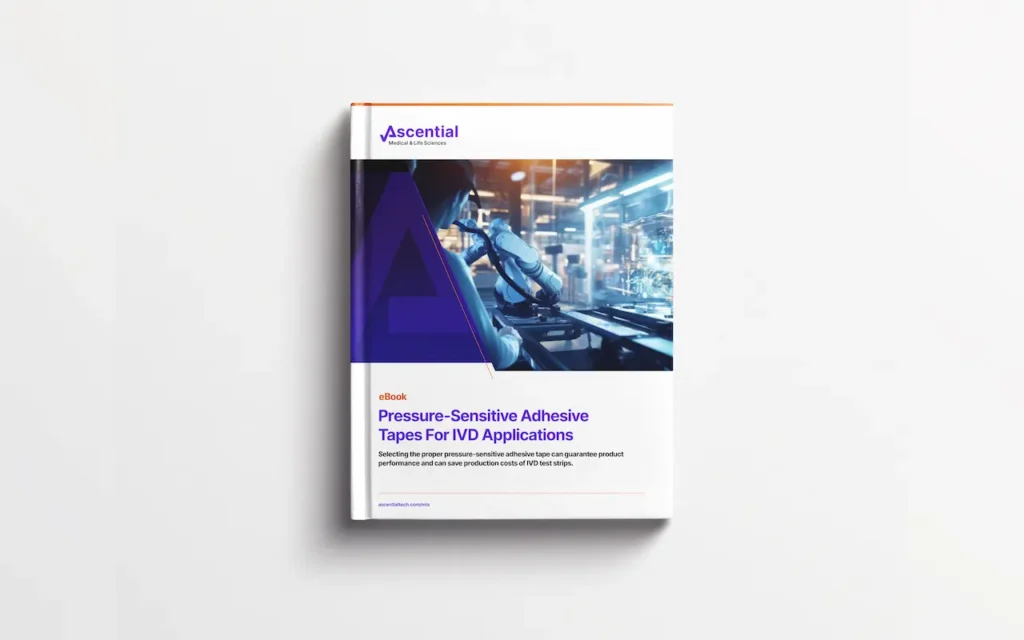 Cover of an eBook titled "Pressure-Sensitive Adhesive Tapes for UV Applications" by Ascential, featuring an image of a person operating equipment in a high-tech laboratory setting.