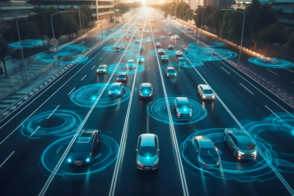 Multiple cars on a highway depicted with blue digital overlays suggesting autonomous navigation technology.