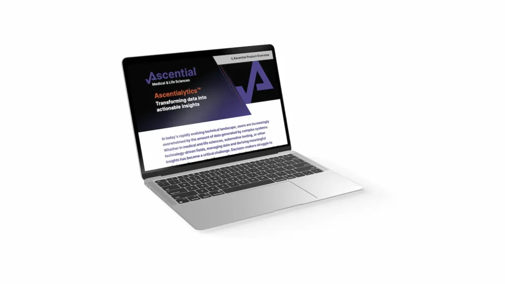 Laptop displaying a presentation slide with the title "Ascentialytics: Transforming data into actionable insights" on a white background.
