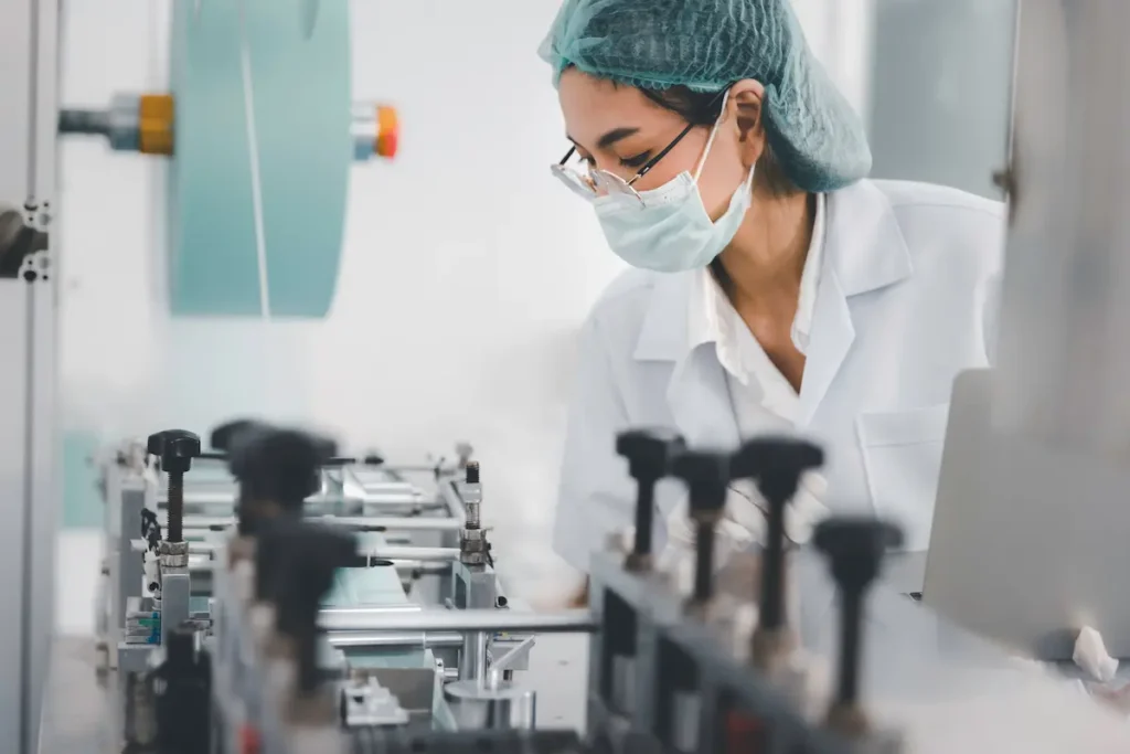 A woman in a lab coat, mask, and hairnet examines equipment in a manufacturing setting.