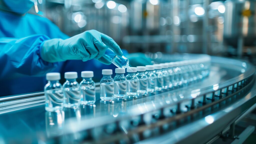 A worker in protective gear places a vial on a conveyor belt with other vials in a sterile laboratory environment.