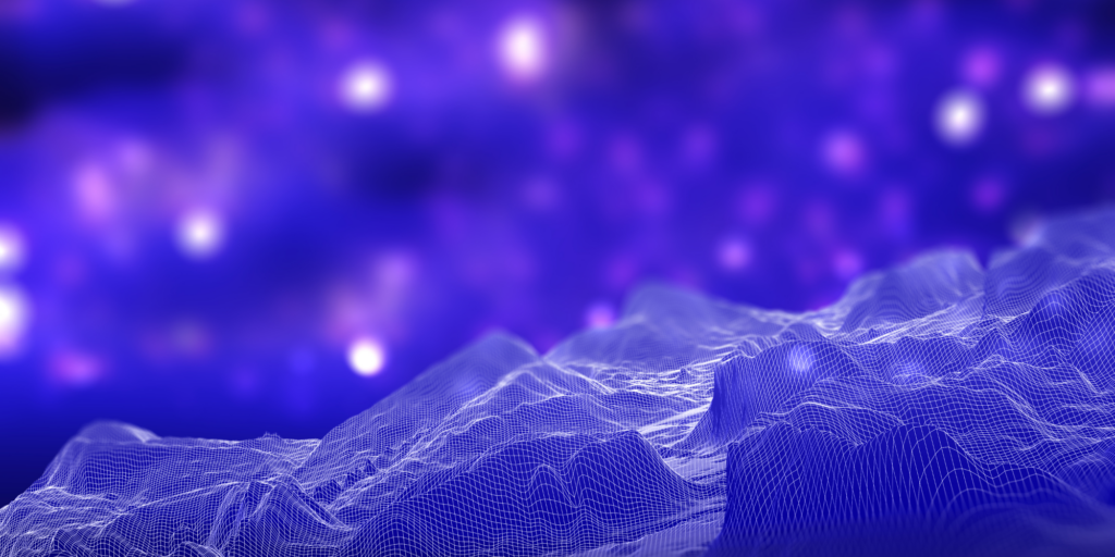 Abstract digital landscape with wireframe mountains and a blurred purple background of glowing lights.