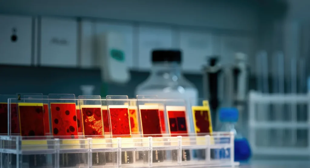 Several glass microscope slides with red-stained samples are arranged in a plastic holder on a laboratory bench with bottles and equipment in the background.