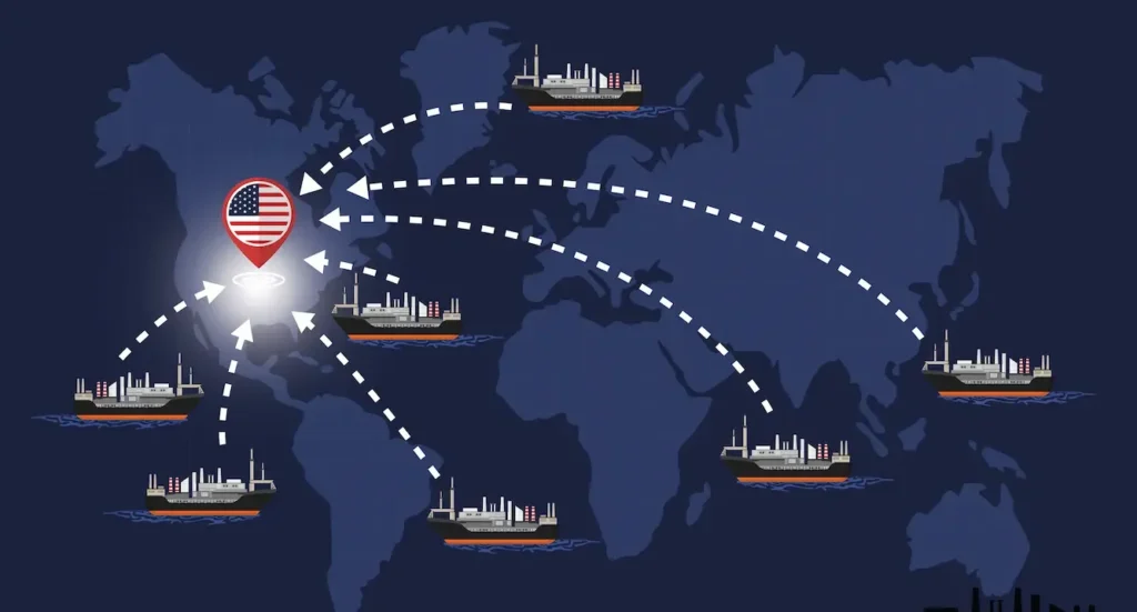 Illustration of cargo ships departing from the United States to various continents, represented by arrows on a world map background.