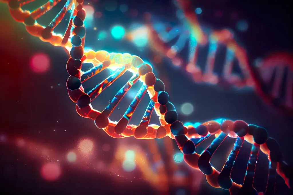 A close-up illustration of a DNA double helix structure with vibrant colors and glowing highlights on a dark background.