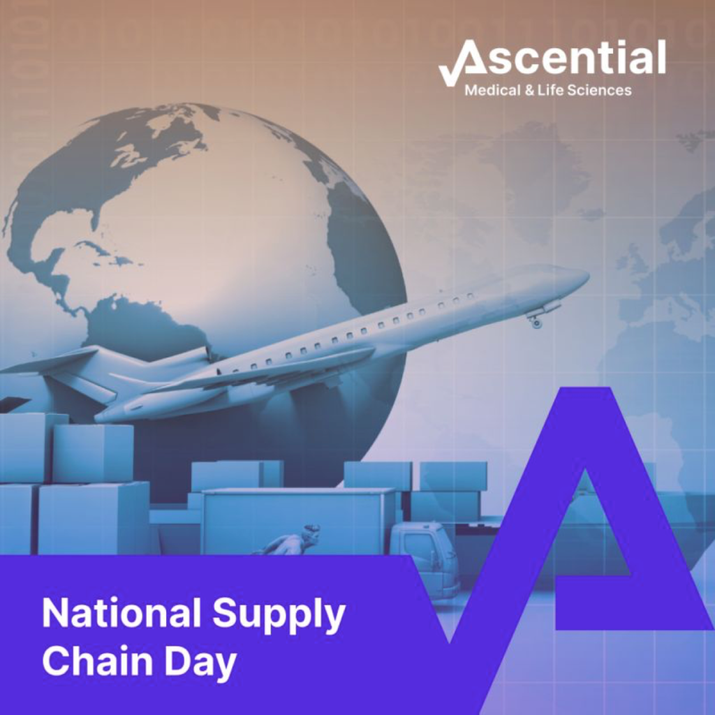 A plane flies over shipping containers and a globe, with the Ascential Medical & Life Sciences logo and text reading "National Supply Chain Day.