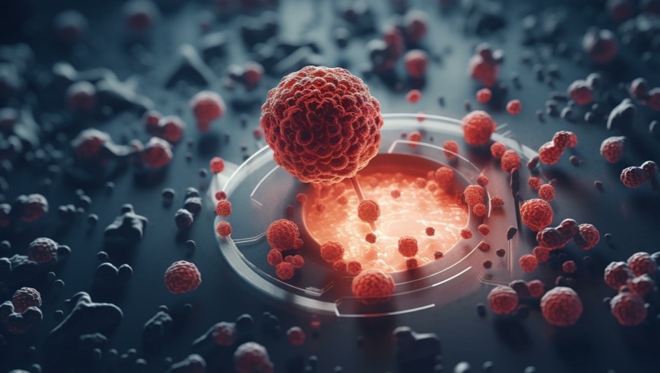 A close-up, digitally rendered image of a red cancer cell surrounded by other similar cells, highlighting biological and microscopic details.