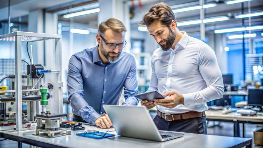 Two engineers collaborating on a project in a modern lab, using a laptop and tablet.