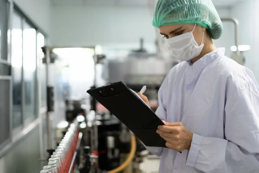 Technician in protective gear inspects bottles in a manufacturing facility, recording data on a clipboard.