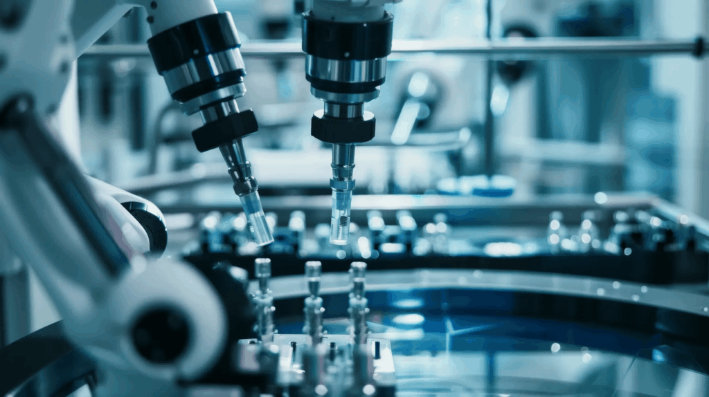 Close-up of robotic arms assembling components in a high-tech manufacturing process.