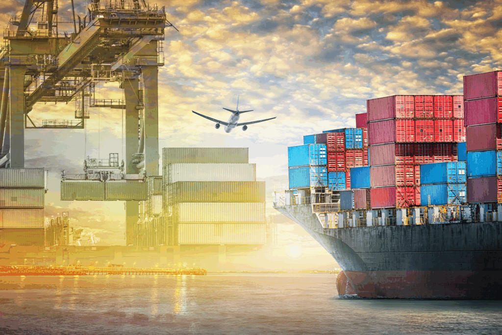Cargo ship and airplane in a harbor with stacked containers, symbolizing global trade and logistics.
