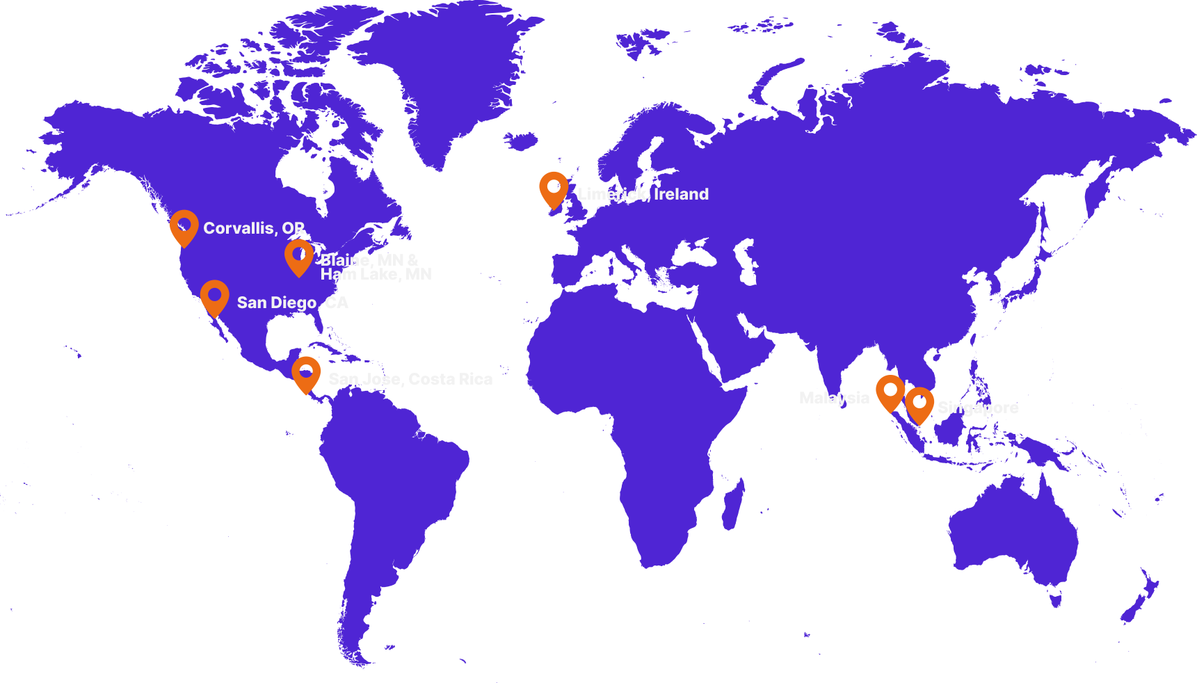 World map highlighting locations: USA, Costa Rica, Ireland, Malaysia, Singapore.