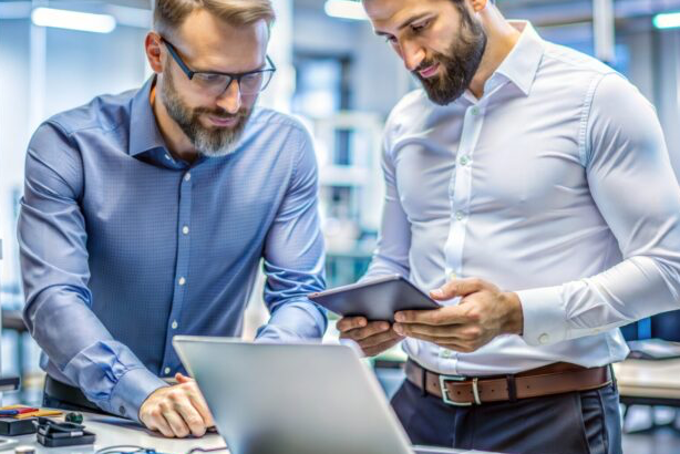 Two businessmen collaborating with a laptop and tablet in a modern office.