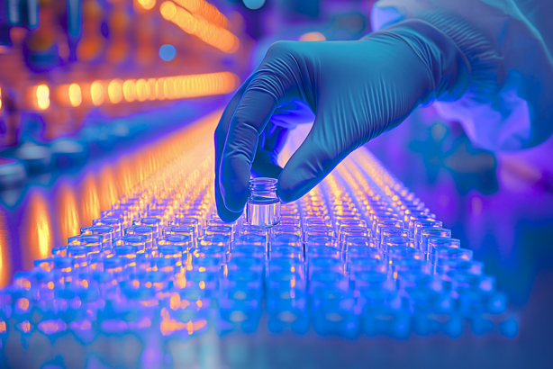 Gloved hand selecting a vial from a row in a laboratory with vibrant neon lighting, symbolizing scientific research.