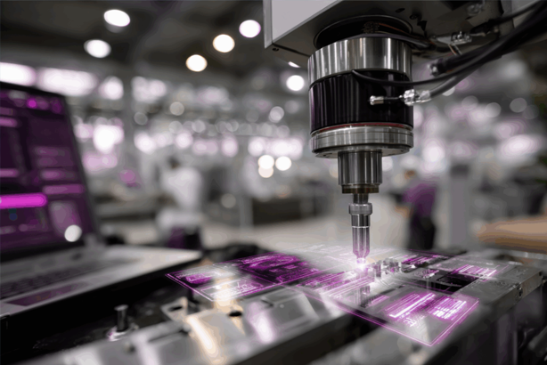 CNC machine in action, engraving circuit boards in a tech-filled factory setting.