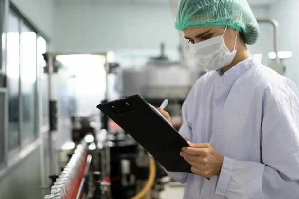 Lab technician in protective gear inspecting factory production line, noting data on clipboard.