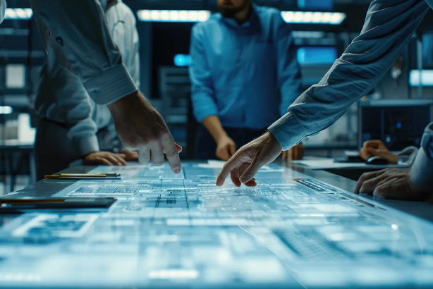 Team collaborating on a futuristic digital touchscreen, planning technology innovations in a modern control room.