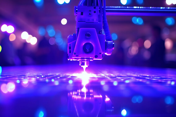 Laser cutting machine in action, emitting bright blue light, with blurred background in a manufacturing setting.