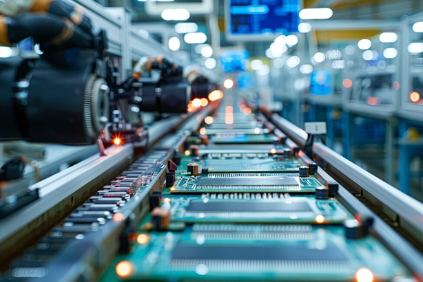 Close-up of a high-tech circuit board assembly line in a modern electronic manufacturing facility.