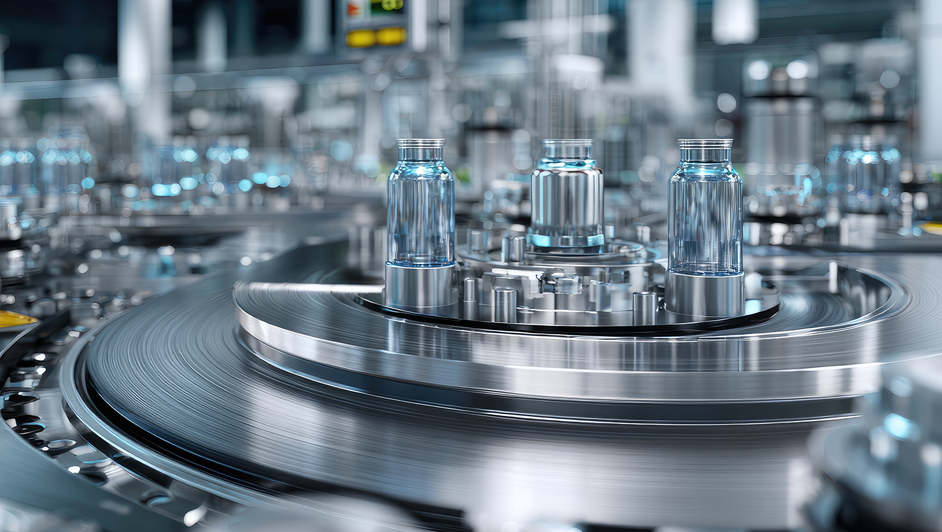 Modern pharmaceutical production line with sleek, shiny machinery and glass vials in a factory setting.