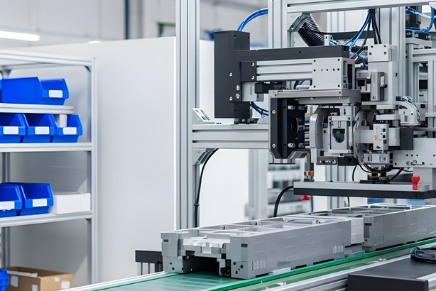 Automated industrial equipment in a production line setting, showcasing advanced manufacturing technology.