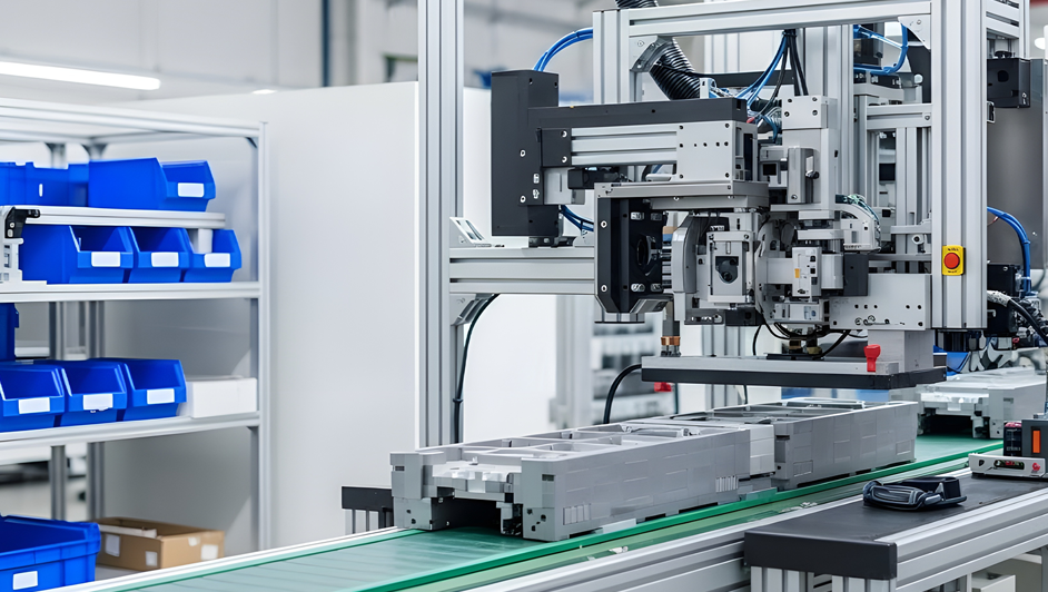 Robotic equipment assembling parts on a conveyor belt in an industrial automation setting.