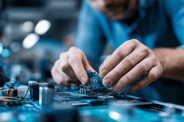 Technician assembling a circuit board with precision, showcasing electronics innovation and technology development.