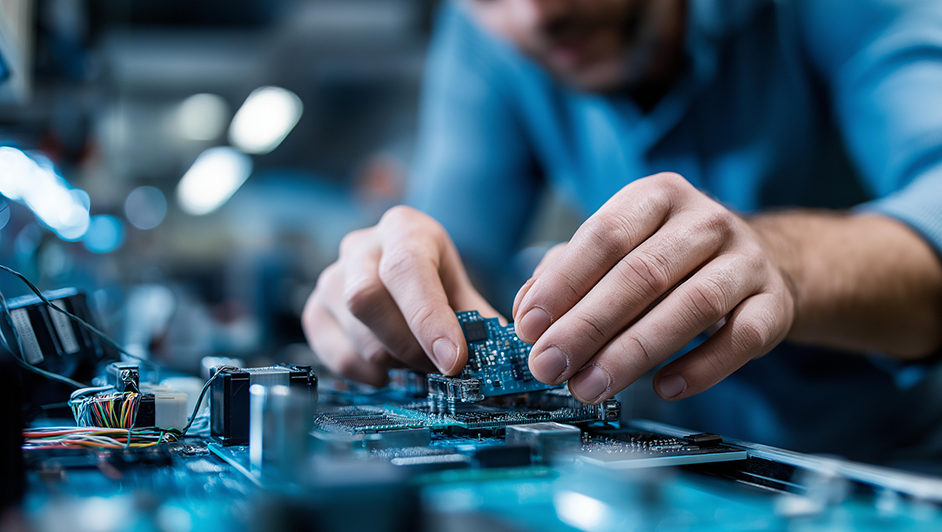 Technician installs a circuit board on a motherboard, focusing on computer hardware assembly and technology development.