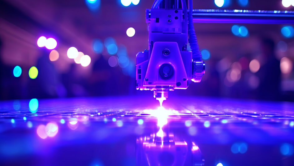 High-tech laser machine cutting through material, surrounded by vibrant purple and blue lights in an industrial setting.